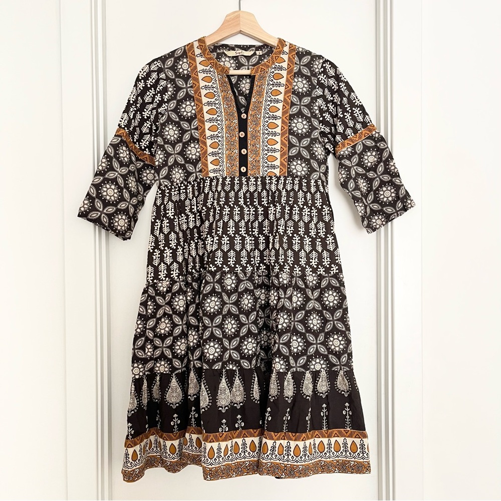 Boho Print Cotton Dress From India Size S/M Black Yellow Lightweight Loose Comfy